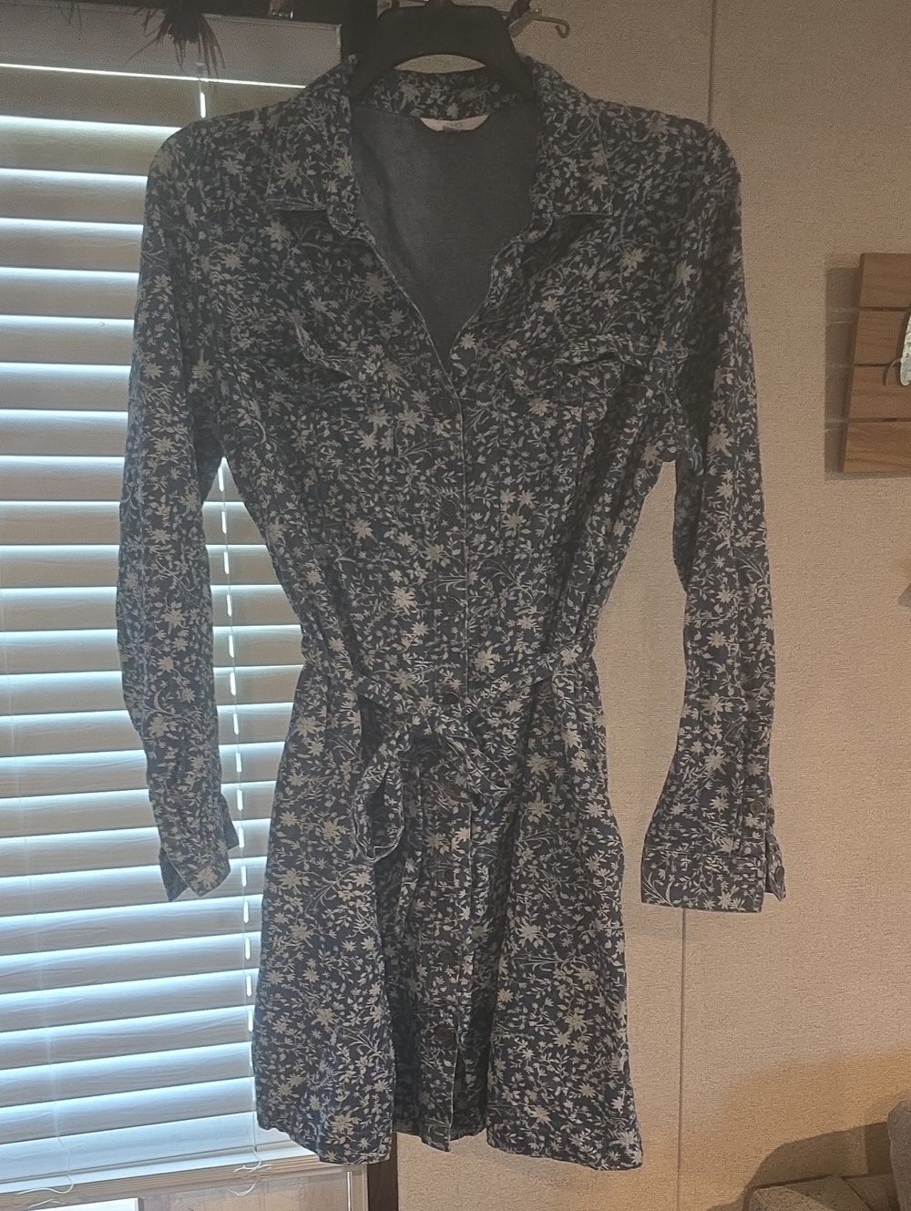 Time and Tru Navy Floral Belted Shirt Dress